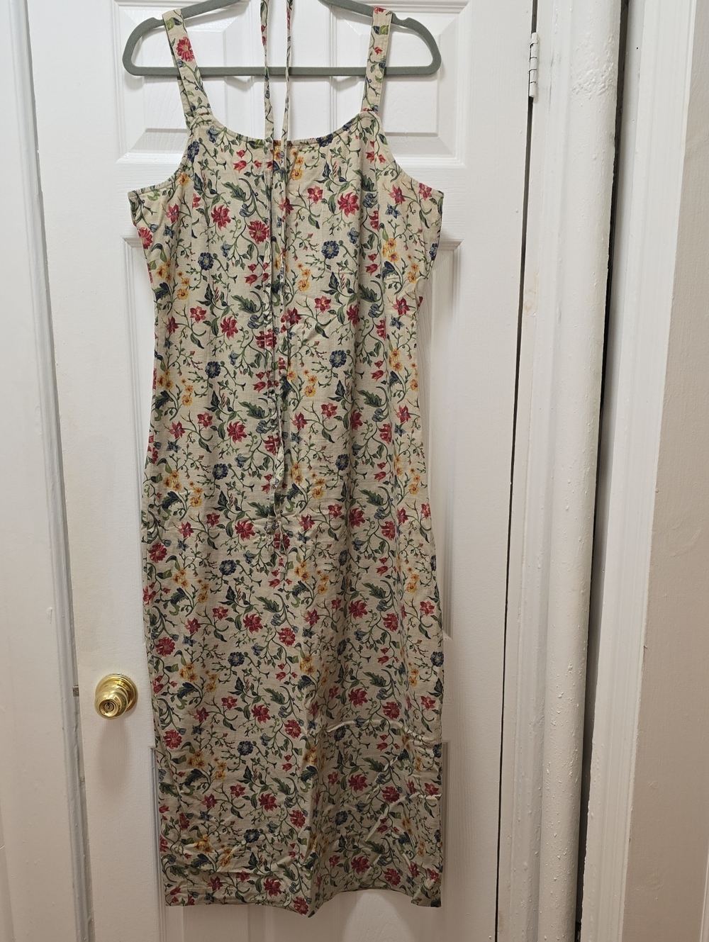 Vintage Bechamel Cream Floral Midi Dress with Red, Blue & Yellow Flowers